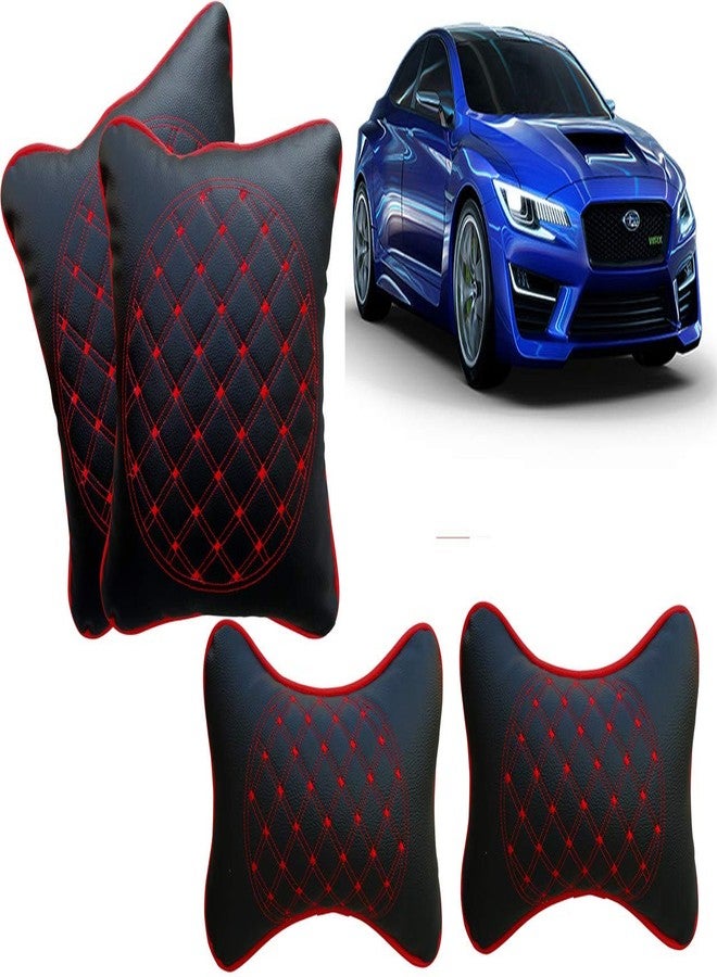 Selifaur Black and Red Double Quilted Car Cushion and Neck Rest Pillow Set of 4 for WRX - Image 1